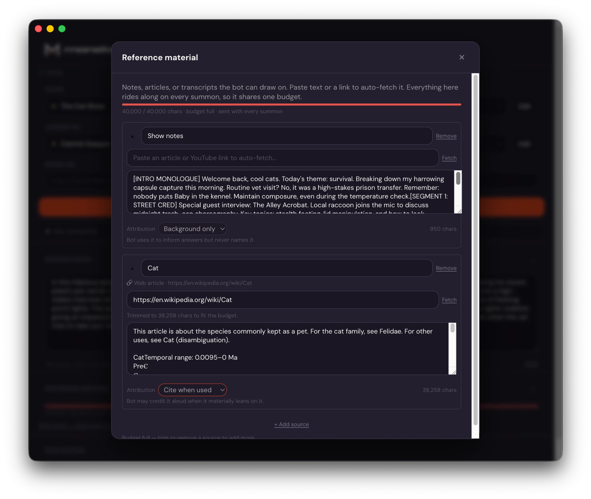 The reference material modal with a pasted show-notes source and a fetched Wikipedia article