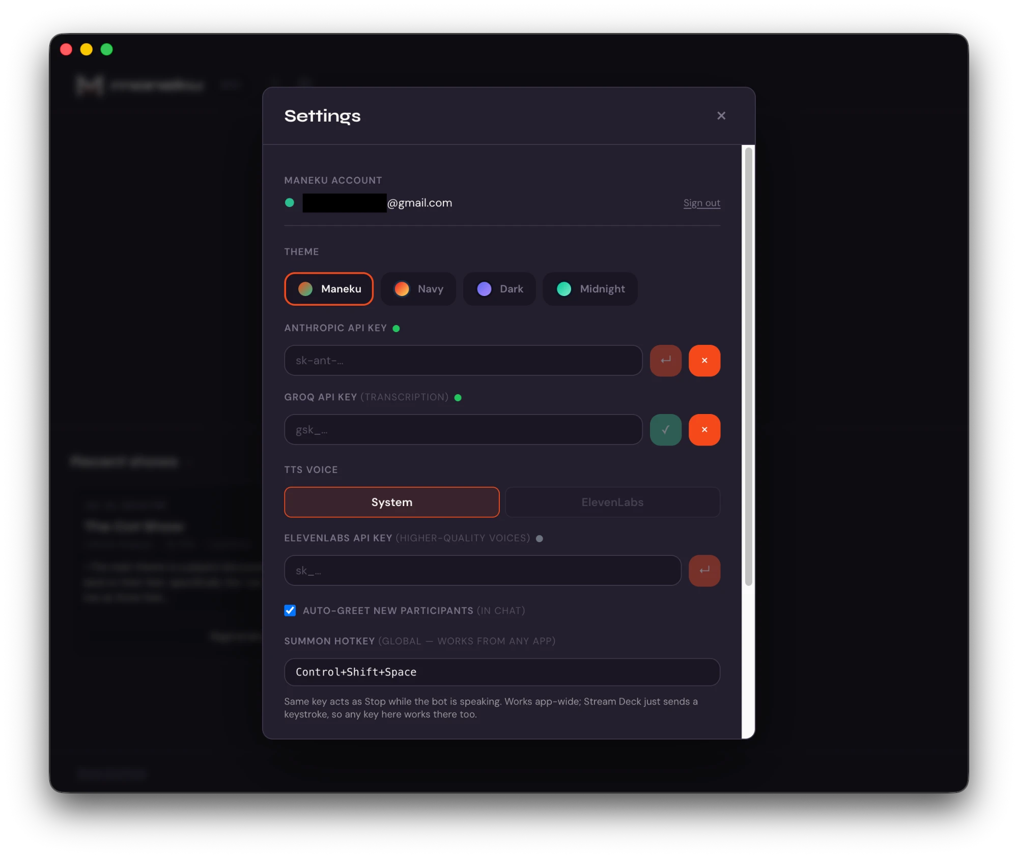 Maneku Settings: account, theme, API keys with status dots, TTS voice, auto-greet, and the summon hotkey