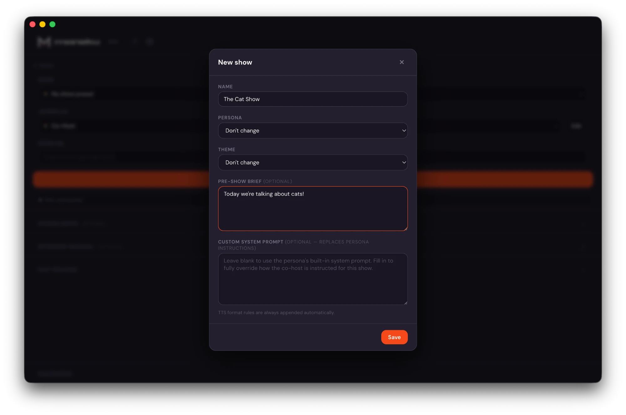 The New show editor with name, persona, theme, and pre-show brief fields
